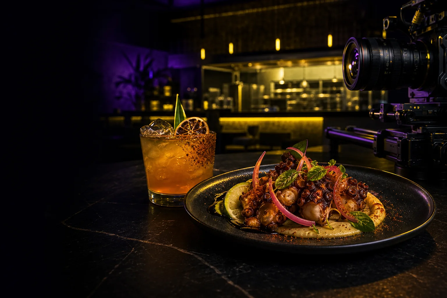 Platillo y coctel preparados para una producción gastronómica
