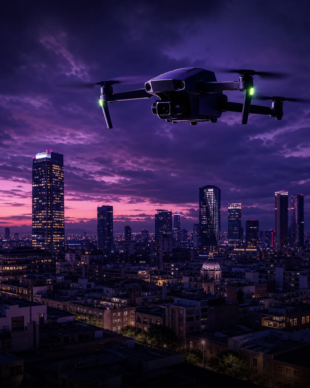 Dron profesional sobre un paisaje urbano al atardecer