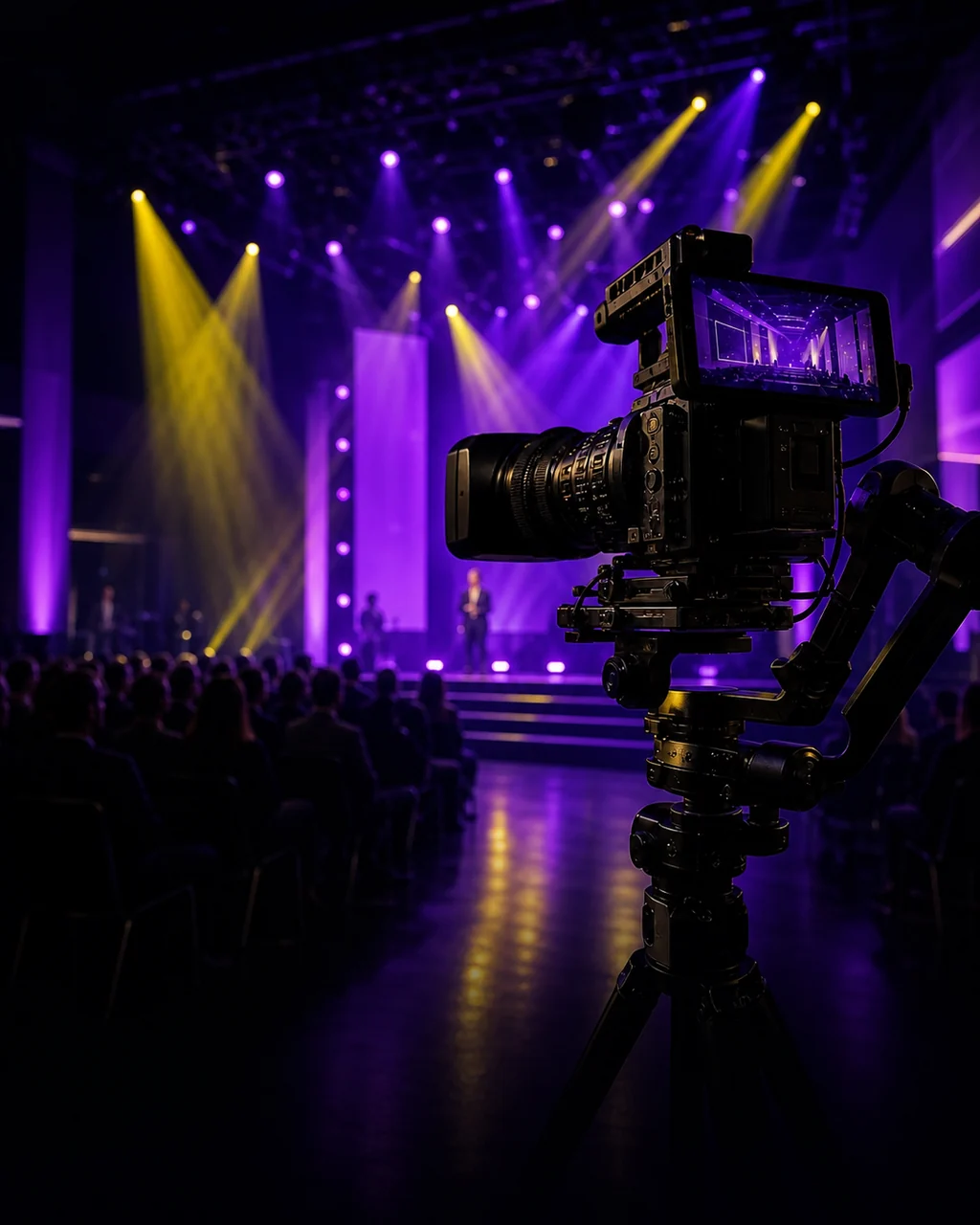 Cámara profesional grabando un evento con luces púrpura y amarillas