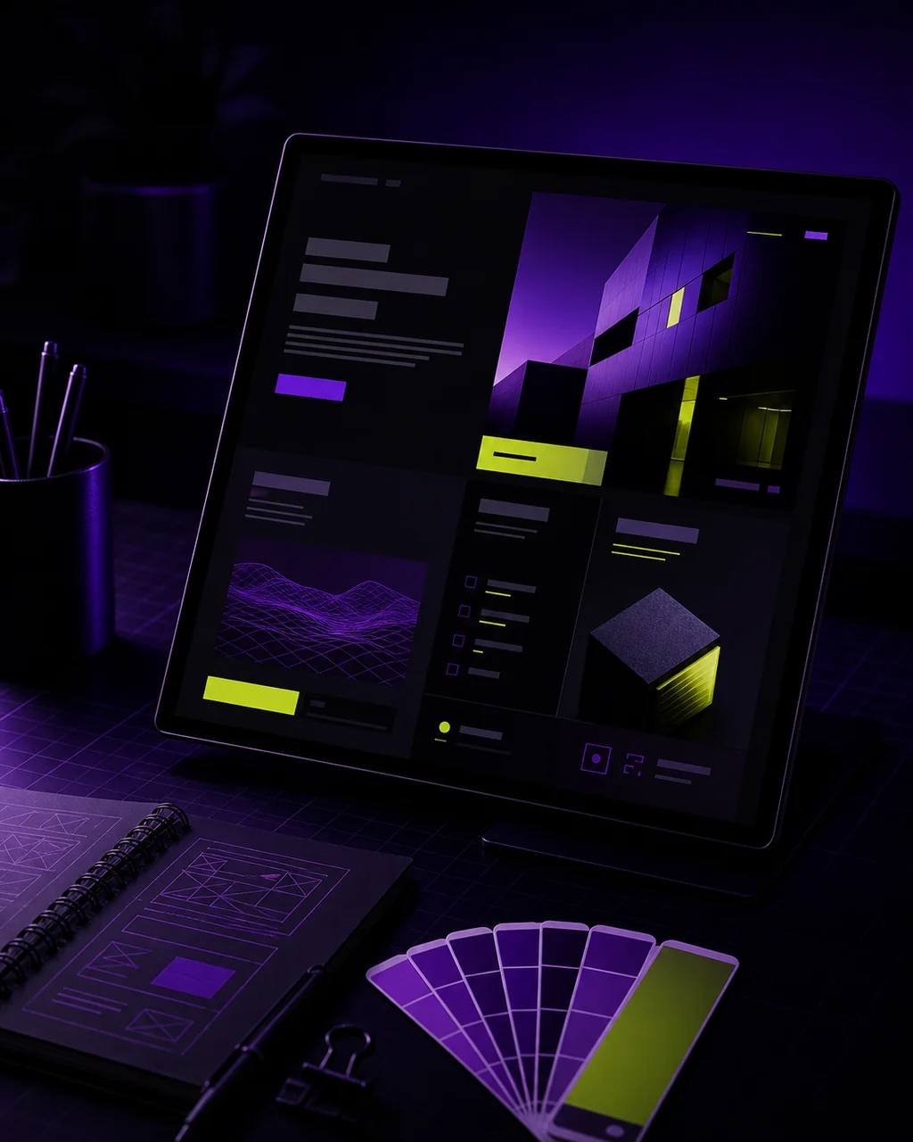 Interfaz web modular presentada en una tableta con paleta VGG