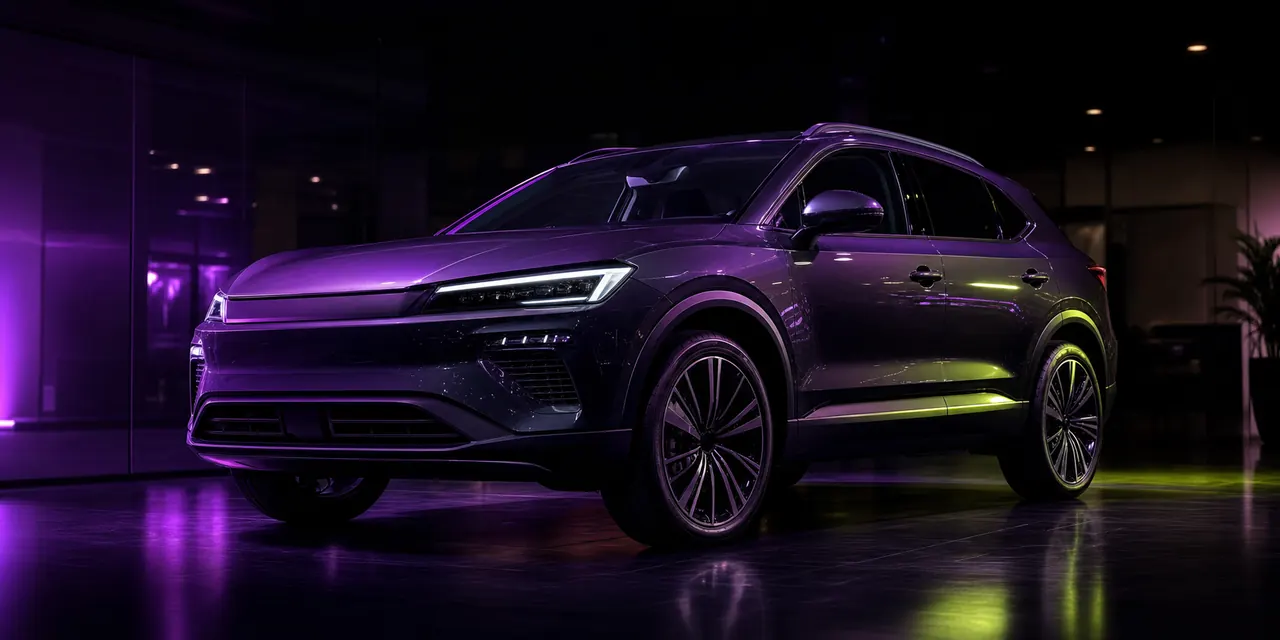 Camioneta en un showroom con iluminación morada